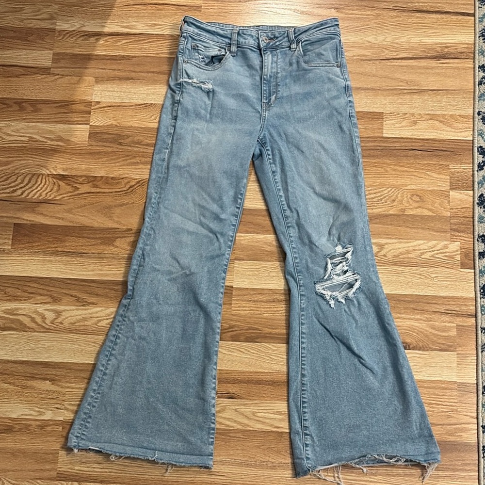 American Eagle Super High Rise Light Blue Distressed Flare Jeans Size 12